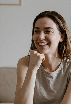 Smiling young woman with brown hair and freckles resting her chin on her hand, looking away with a happy expression, the casual indoor portrait captures a moment of joy and contentment
