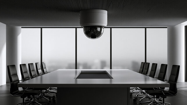 Security camera mounted in a modern corporate boardroom. Concept for office surveillance and workplace privacy.