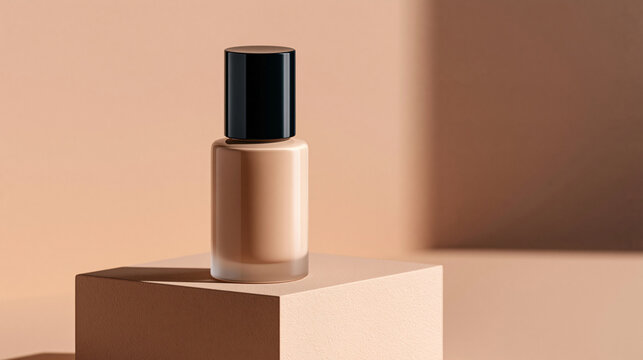 Foundation makeup bottle on a beige pedestal. Professional cosmetic product branding for beauty advertising.