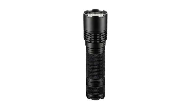 Tactical black metal flashlight featuring durable knurled grip handle for emergency lighting tools isolated as professional equipment on transparent background