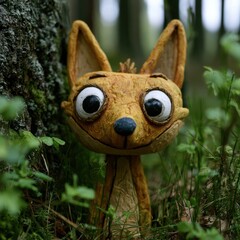 Naklejka premium A clay fox with thumb marks looks out from the green leaves near a tree in a forest, representing a charming forest scene.