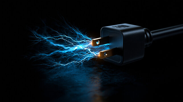 Black electric plug with glowing blue sparks against dark background. Concept for energy power, innovation and.