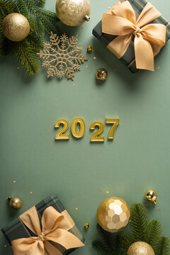 Elegant Merry Christmas and Happy New Year 2027 flatlay with gold ornaments and wrapped gifts on vertical olive color background