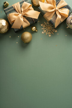 Merry Christmas gift boxes with gold ribbons and ornaments for a happy New Year celebration on vertical backdrop