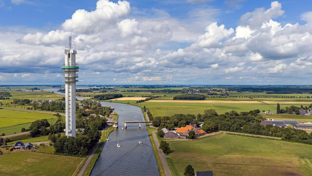 Aerial view of The 118-meter ViaData telecommunications and data tower in Tjerkgaast, Friesland, Netherlands,