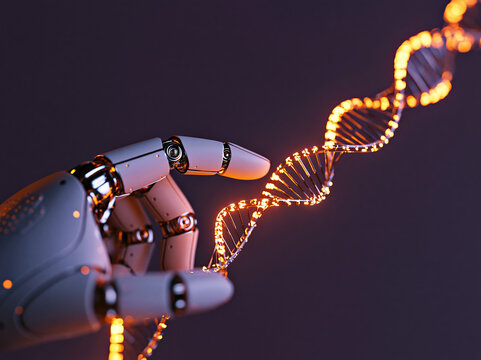 Robotic Hand Touching Glowing DNA Double Helix - Artificial Intelligence in Genetic Engineering