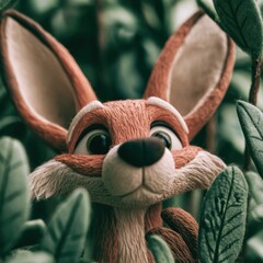 Naklejka premium A handmade clay fox with thumb marks is peeking through green leaves in a creative claymation setting.