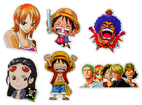 Hamburg, Germany - 07272026: One Piece Anime Character Stickers Featuring Ruffy, Nami, Robin and Crew, png asset.