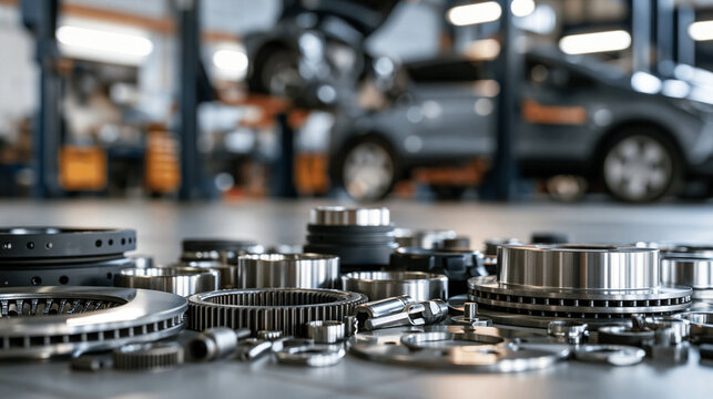 Various metal automotive engine parts arranged on a workshop floor. Ideal for professional car repair service and.