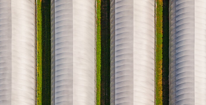 Aerial view of parallel agricultural greenhouse tunnels and green vegetation at a commercial plant nursery in Loriol-sur-Drome, Auvergne-Rhone-Alpes, France.