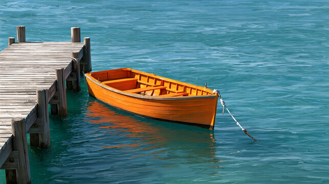 A bright orange rowboat moored to a wooden pier on turquoise water. Perfect for travel or summer leisure concepts.