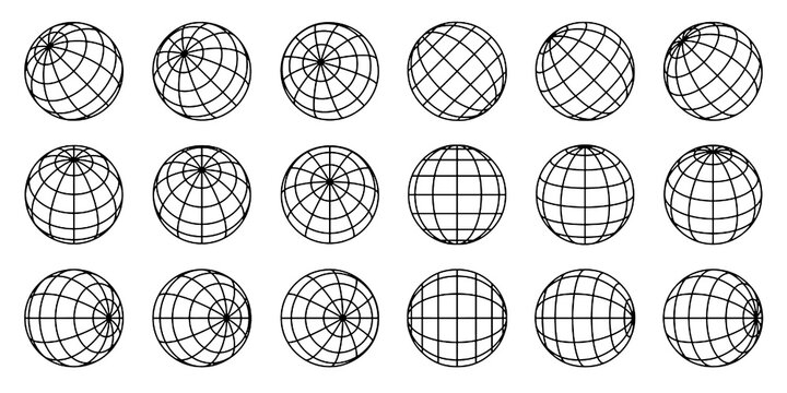 Globe meshes, ball in various position. Striped 3D orbs, earth globe grid linear wireframe vector line symbol isolated on transparent background.