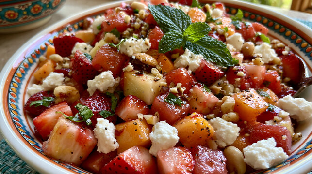 Fresh fruit salad with strawberries, melon, and goat cheese. Healthy summer food concept for restaurant menu design.