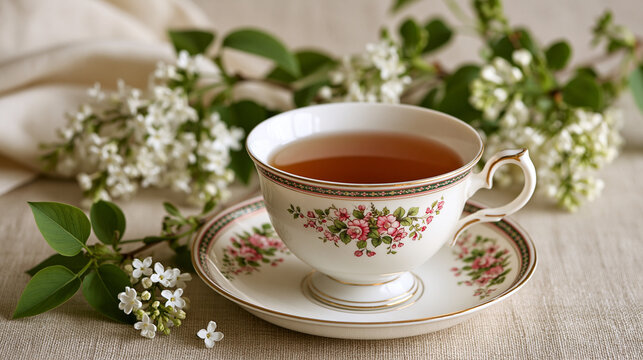 Elegant porcelain teacup with floral tea set against fresh white lilac blossoms. Perfect for a cozy morning relaxation.