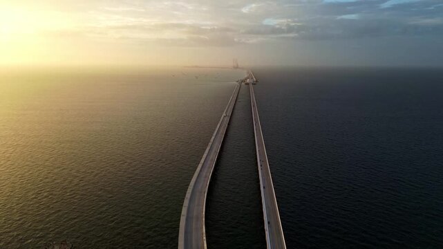 Aerial view of Progreso Pier over the Gulf of Mexico at sunrise