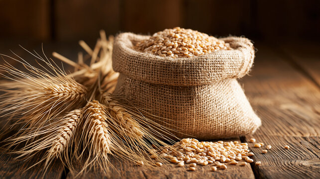 Burlap sack of wheat grains with golden ears on a rustic wooden table. Ideal for agriculture and organic food harvest.