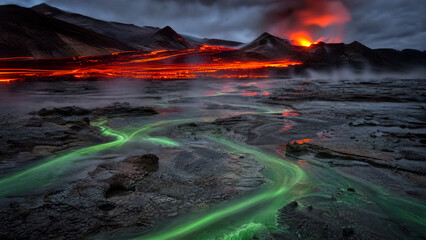 Fototapeta premium Professional long exposure photography of emerald green light trails in Volcanic Geothermal Field