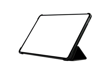 Obraz premium Blank modern tablet computer mockup with black stand case in angled view isolated on white background