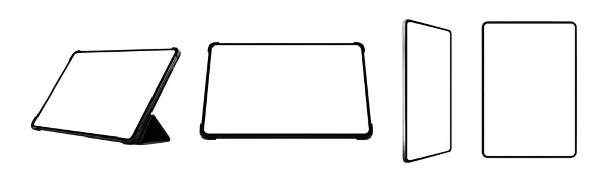 Collection of multiple tablet mockups in various angles and orientations isolated on white background