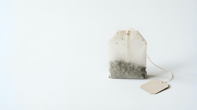 Tea bag with dried herbs and string on white background