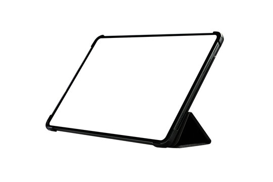 Blank modern tablet computer mockup with black stand case in angled view isolated on white background