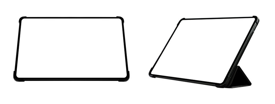 Two tablet mockups featuring flat landscape and angled stand views isolated on white background