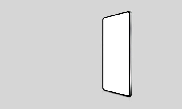 3D render of a standing digital tablet mockup with a blank white screen isolated on a light gray background