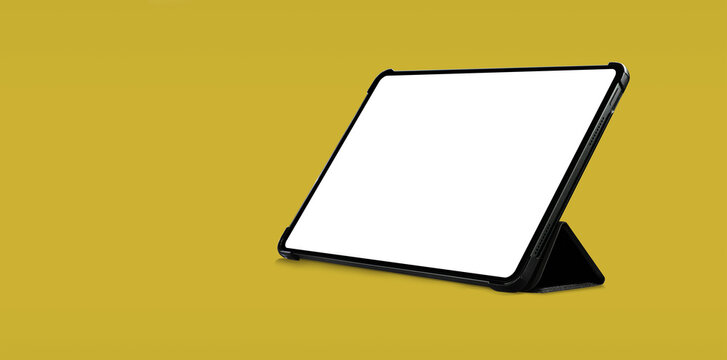 Blank modern tablet mockup with black stand cover in angled view on yellow background