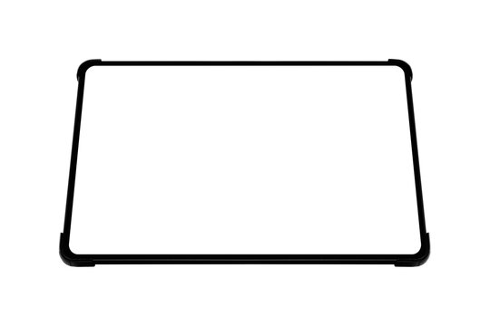 Blank tablet screen mockup in black bumper case flat lay isolated on white background