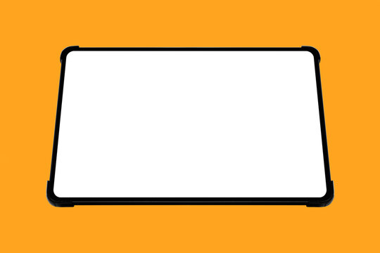 Horizontal tablet device with a protective black case and blank white screen isolated on an orange background