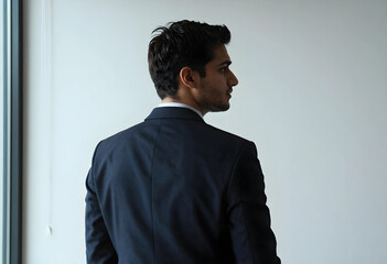 Obraz premium Young businessman in a dark suit looking out a window, contemplating future business strategies and career growth