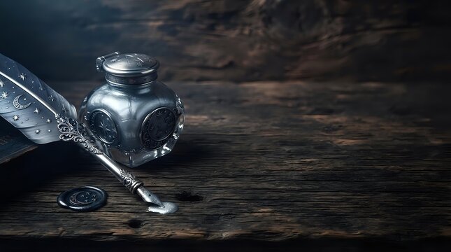 Antique silver inkwell with feather quill pen on dark wooden surface