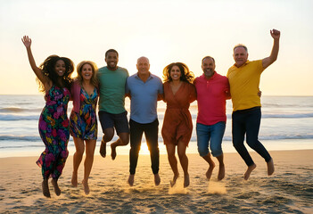 Fototapeta premium Diverse group of happy multiethnic friends jumping together on a sandy beach at sunset, celebrating freedom and togetherness