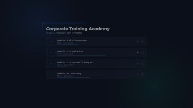 Corporate training academy interface with interactive learning module progress