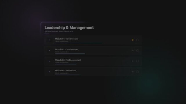 Leadership and management online course syllabus interface with module list