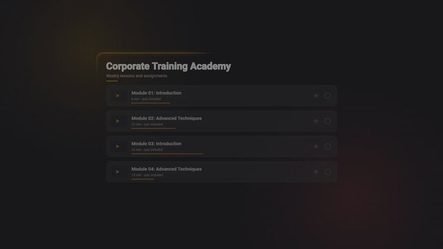 Corporate training academy interface with interactive lesson module list menu