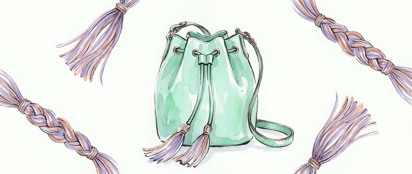 Watercolor mint green drawstring bucket bag with purple tassel accents