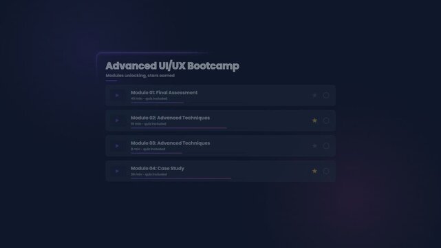 Advanced ui ux bootcamp course interface with progress bars and module list