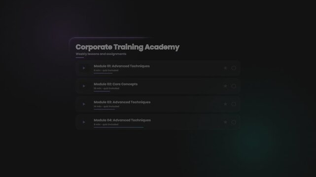 Corporate training academy interface with interactive module list and progress