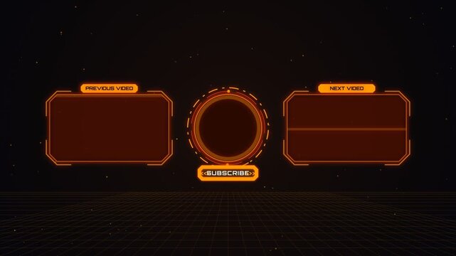 Futuristic orange gaming end screen template with subscribe button and frames