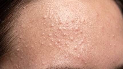 Fototapeta premium Extreme macro view of closed comedones and bumps on forehead skin