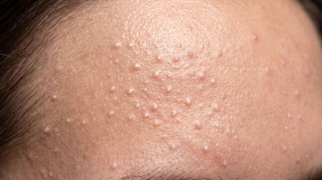 Extreme macro view of closed comedones and bumps on forehead skin