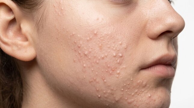 Side view close up of acne and whiteheads on cheek skin
