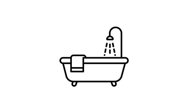 An animation of a minimalist line-art bathtub icon with a running shower and a hanging towel. Simple flat vector motion graphic