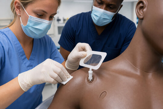 Nursing Student Changing Central Line Dressing on Chest Simulator