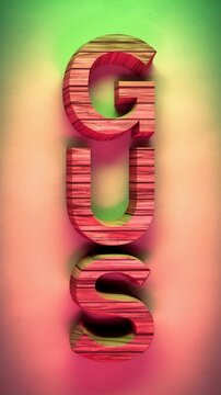 Wooden letters spelling GUS stand vertically against a gradient background, illuminated by soft light, creating a visually striking typographic composition.