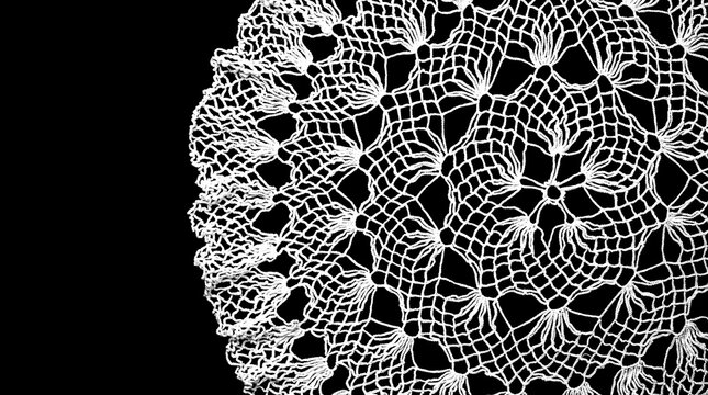 Crochet lace patterns border, crocheted Grandma's Doily, detail of hand-crocheted embroidery, tablecloth, napkin isolated on black background border art design. Craft, vintage linen. Hobby concept