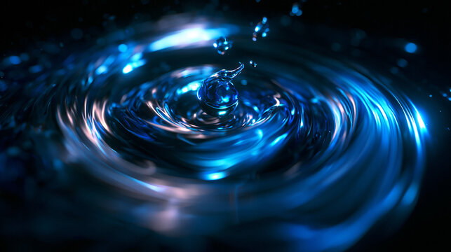 Glowing Blue Water Drop Splash Creating Ripples and Vortex