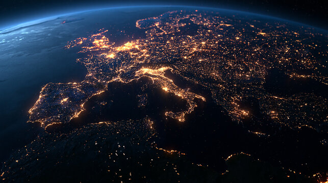 View of Europe at Night with Glowing City Lights from Space