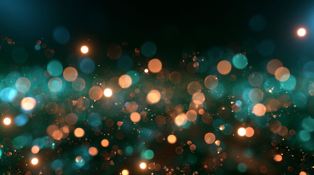 Abstract Bokeh Background with Teal and Gold Glowing Particles